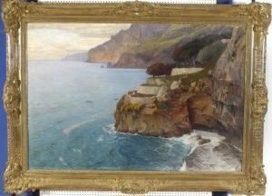 Sommerliche Steilkustenlandschaft Bei Positano Mit Zwei Frauen Auf Einer Terrasse Und Einigen Booten by Manuel Wielandt