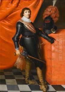 Portrait Of Christian The Younger, Duke Of Brunswick And Bishop Of Halberstadt, Full-length, In Armour, Holding A Wheel-lock Pistol, Standing Beside A Draped Table With A Plumed Helmet, Before A Red Curtain