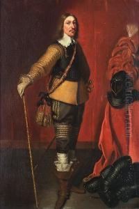Portrait Of An Officer, Standing Small-full-length, In An Embroidered Coat With A Breast Plate And Sash, Holding A Cane, By A Draped Table With A Helmet, And Armour