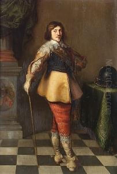Portrait Of An Officer, Standing Small-full-length, In A Buff Coat, Striped Breeches And A Lace Collar, Holding A Cane, Before A Draped Column And A Table - view 1