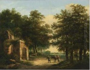 Travellers In A Wooded Landscape Arriving At A Ruin by Henricus Franziscus Wiertz