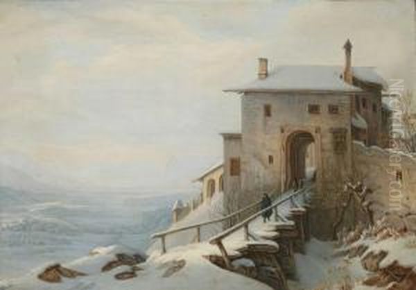 Blick Von Einem Burgtor Auf Eine Winterliche Flusslandschaft Im Gebirge - view 1