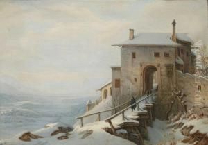 Blick Von Einem Burgtor Auf Eine Winterliche Flusslandschaft Im Gebirge