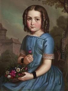 Portrait Of A Young Girl Wearing A Blue Dress. She Helds A Small Basket With Flowers In Her Left Hand, In The Background A Castle . Oil/canvas, Monogrammed And Dated "1854"