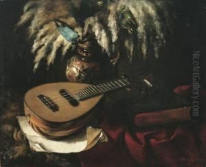 Still Life With Lute, Book And Vase Of Feathers by Franz Wiesenthal