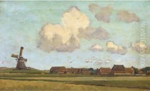 Op Ameland: A Windmill Near A Village On The Island Of Ameland by Dirk Wiggers