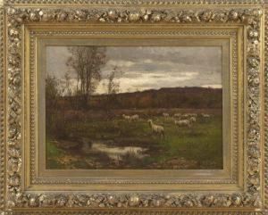 Autumnal Landscape With Sheep At Dusk by John Carleton Wiggins