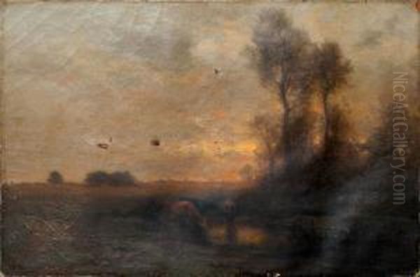 Pastoral Sunset Landscape With Cows And Stream - view 1