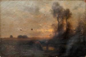 Pastoral Sunset Landscape With Cows And Stream by John Carleton Wiggins