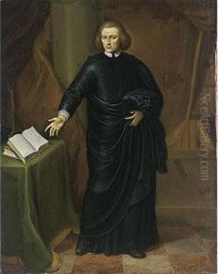 A Portrait Of A Cleric, Standing Full Length, Wearing A Black Robe With White Cuffs And Collar, Pointing Towards A Book On A Table With Green Table Cloth, In His Library by Gerard Wigmana