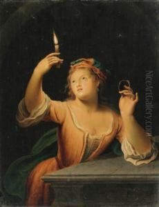 A Girl, Three-quarter-length, Holding A Candle And A Mirror,leaning On A Marble Ledge by Gerard Wigmana