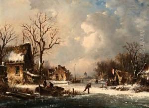 Zomers Dorp Met Figuren Aan De Vaart by Nicolaas Martinus Wijdoogen