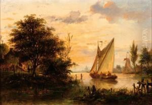 Sailing Ship On The Water By Sunset