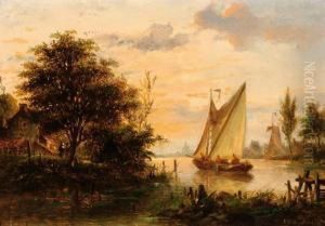 A Sailing Ship On The Water At Sunset