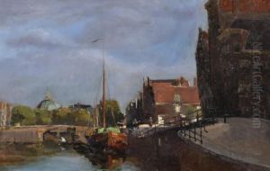 Barges On A Canal In Amsterdam by Jan Hillebrand Wijsmuller