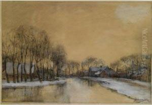 A Winter Landscape With Houses Along A Canal by Jan Hillebrand Wijsmuller