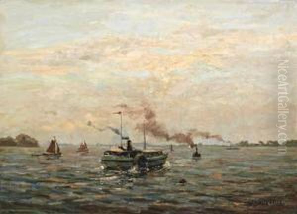 Rivierlandschap Met Zeilschepen En Raderboot - view 1