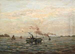 Rivierlandschap Met Zeilschepen En Raderboot
