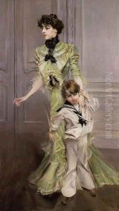 Portrait Of Madame Georges Hugo (nee Pauleen Menard Dozian) And Her Son Jean by Giovanni Boldini