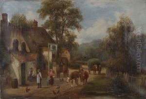 Cattle And Figures Outside A Country Inn