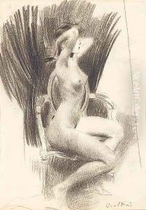 A female nude seated in an armchair in profile to the right by Giovanni Boldini