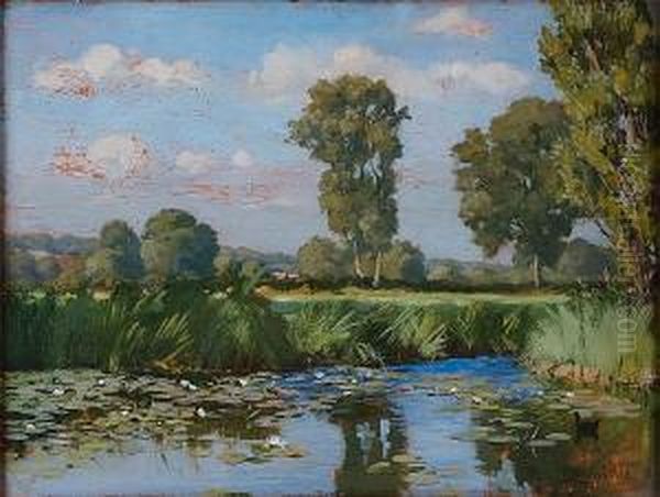 A Backwater On The Thames, Signed, Oil Onpanel - view 1