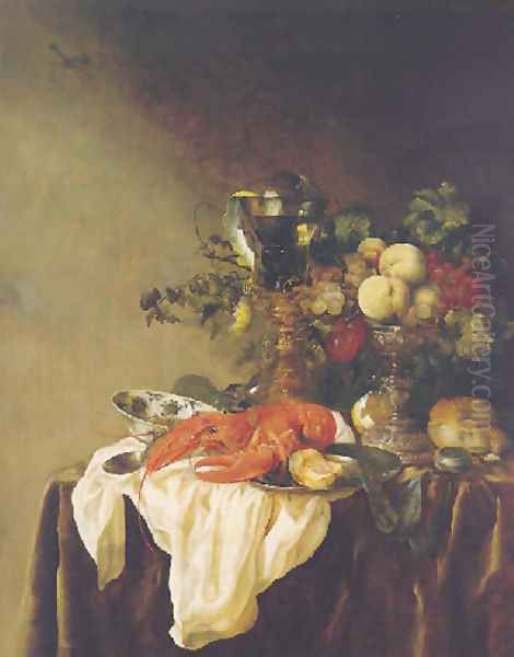 A banketje still life of fruit in a silver tazza, a lobster, a roemer and other objects on a white cloth on a velvet-draped table - view 1