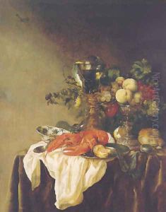 A banketje still life of fruit in a silver tazza, a lobster, a roemer and other objects on a white cloth on a velvet-draped table by Abraham Hendrickz Van Beyeren