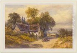 Pastoral Country Scene '"shepherd With Sheep On A Country Lane, With A Cottage By The Lane" by William Wilde
