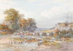 Figures Carrying Straw Across A Stream