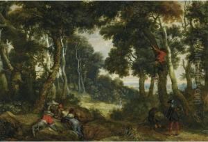 A Wooded Landscape With Brigands Playing Dice, Another Brigand Upin A Tree, On The Lookout by Jan Wildens