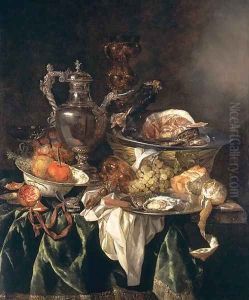 Still Life with a Silver Wine Jar with a Reflected Portrait of the Artist by Abraham Hendrickz Van Beyeren