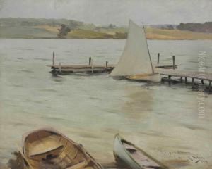 Boats Along The Shore, Silver Lake, New York by Irving Ramsay Wiles