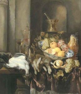 Grapes, lemons, and oranges in a Wan-li 'kraak' porselein bowl, with a plucked chicken and two hares, and two facon-de-Venise glasses