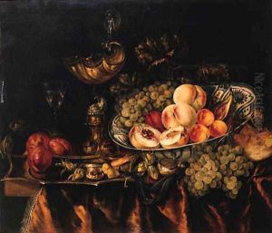 Peaches, grapes, apricots, a fig and a plum in a wan-li - dish, a bun, grapes, a fob-watch, a shrimp, hazelnuts, plums and sweetmeat on a puntschotel