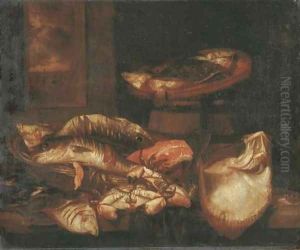 A ray, a salmon steak, crabs and other fish in a basket on a wooden ledge before a window