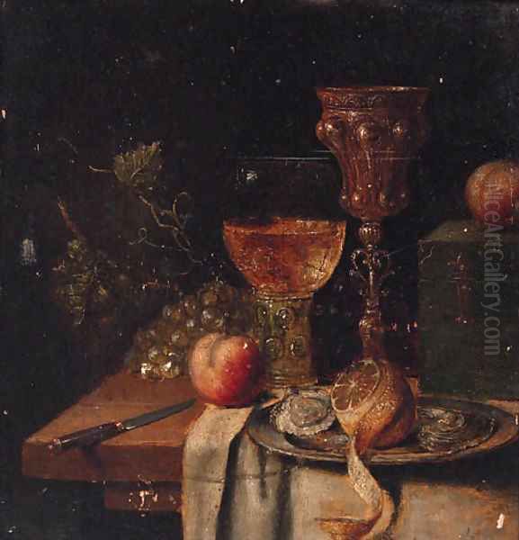 A roemer, a silver-gilt cup, oysters and a peeled lemon on a pewter plate, a knife, a casket with apples and grapes on a partially draped table - view 1