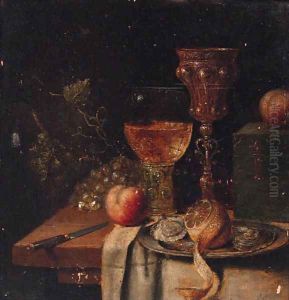 A roemer, a silver-gilt cup, oysters and a peeled lemon on a pewter plate, a knife, a casket with apples and grapes on a partially draped table