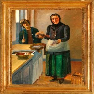 Kitchen Interior With A Fisherman's Wife Haggling With The Maid