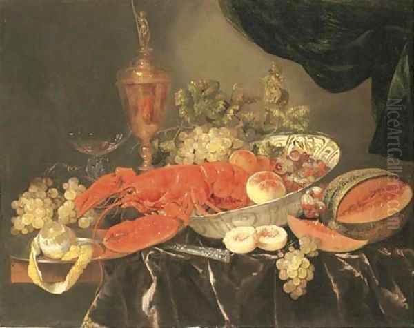 A lobster with grapes and a peach in a Wan-li 'kraak' porselein bowl, a silver-gilt cup and cover, a facon-de-Venise wine glass, a melon, a knife - view 1