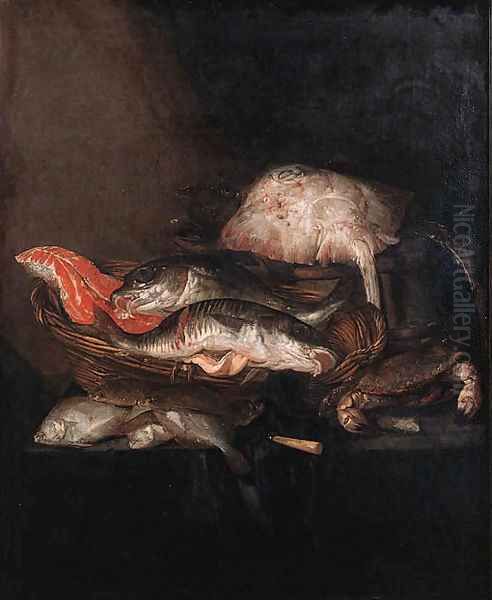 A ray on a barrel, a salmon-steak, a pike-perch and a coalfish in a basket with flounders, a knife and a crab on a draped table - view 1
