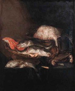 A ray on a barrel, a salmon-steak, a pike-perch and a coalfish in a basket with flounders, a knife and a crab on a draped table