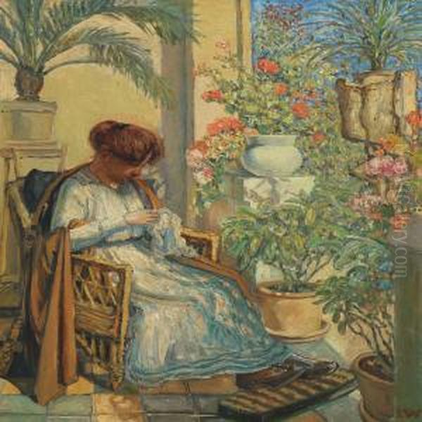 Woman On A Porch, Sorrounded By Flowers - view 1