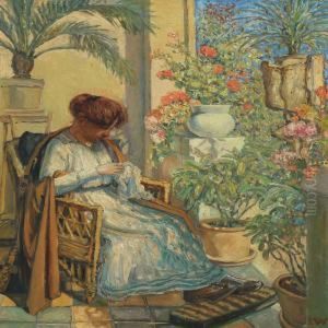 Woman On A Porch, Sorrounded By Flowers