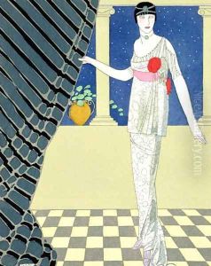 My Guests have not Arrived, illustration of a woman in a dress by Georges Barbier