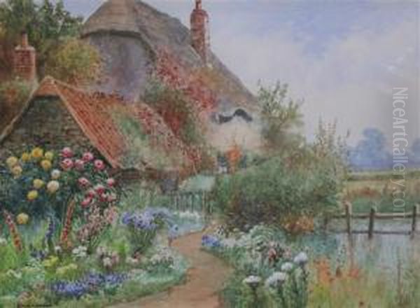 Garden And Thatched Cottage With Pond And Fields Beyond - view 1