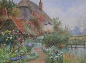 Garden And Thatched Cottage With Pond And Fields Beyond