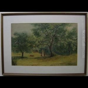 Woman And Child Passing Through Farm Field Through Trees