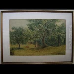 Woman And Child Passing Through Farm Field Throughtrees