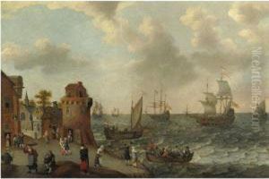 A Coastal Landscape With Numerous Figures On The Shore, A Dutchfleet Setting Sail, And A Rowing Boat Approaching The Shore by Abraham Willaerts